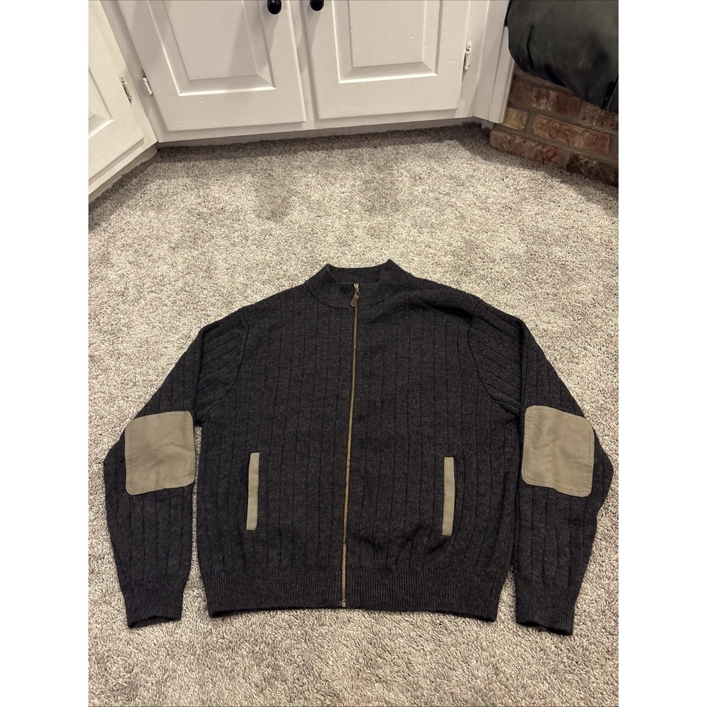 Orvis Men XL 100% Wool Cardigan Full Zip Up With Elbow Patches Dark Gray Outdoor
